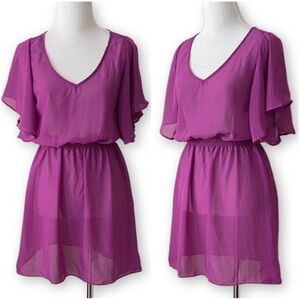 Mimi Chica Women’s Small Magenta Chiffon Sheer V-neck Mini Dress Tunic